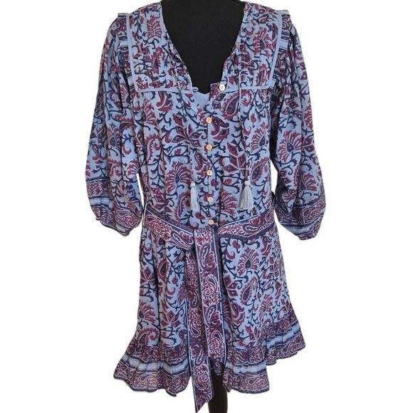 Cleobella Womens Cade Blue Wine Boho Style Delhi Print Tie Belt Ruffle Dress Siz - Picture 1 of 12